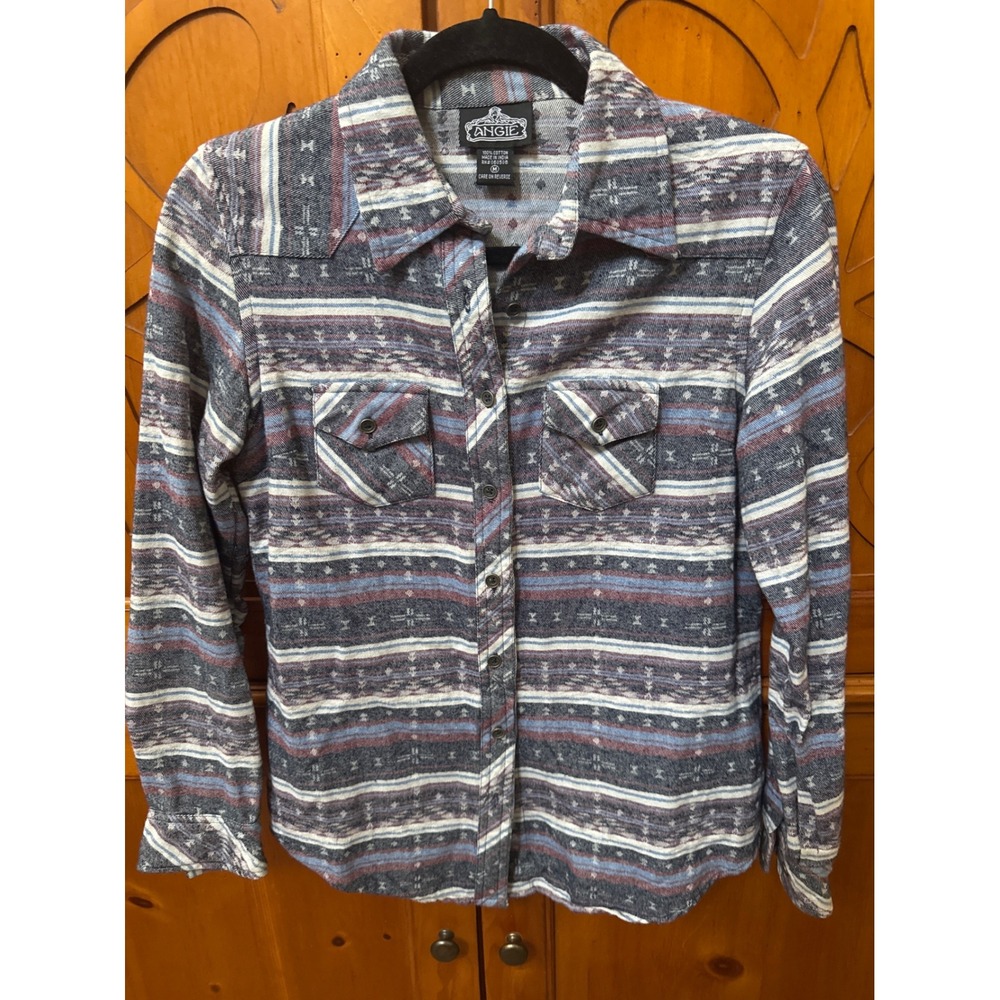 Angie Womens Blue Southwestern Flannel Button Down Shirt Cotton Size M